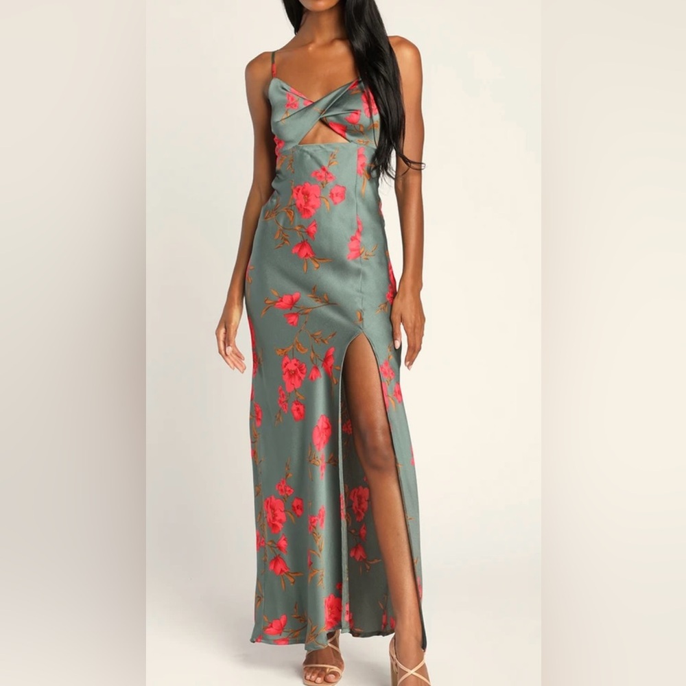 Sage Green Floral Satin Maxi Dress
